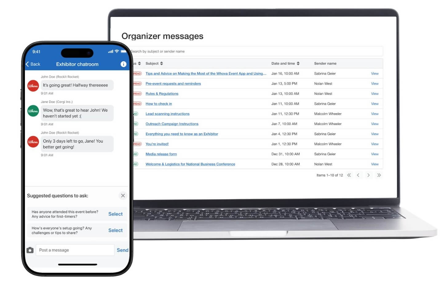 exhibitor chatroom and organizer messages