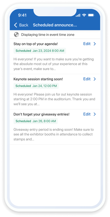 Scheduled mobile event announcements