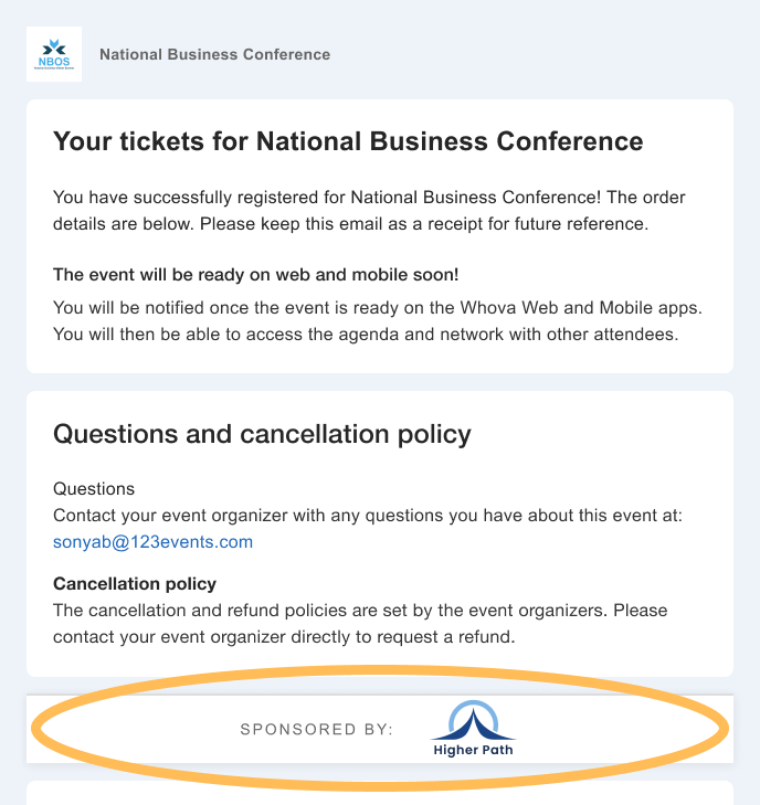 Whova's sponsored ticket confirmation email