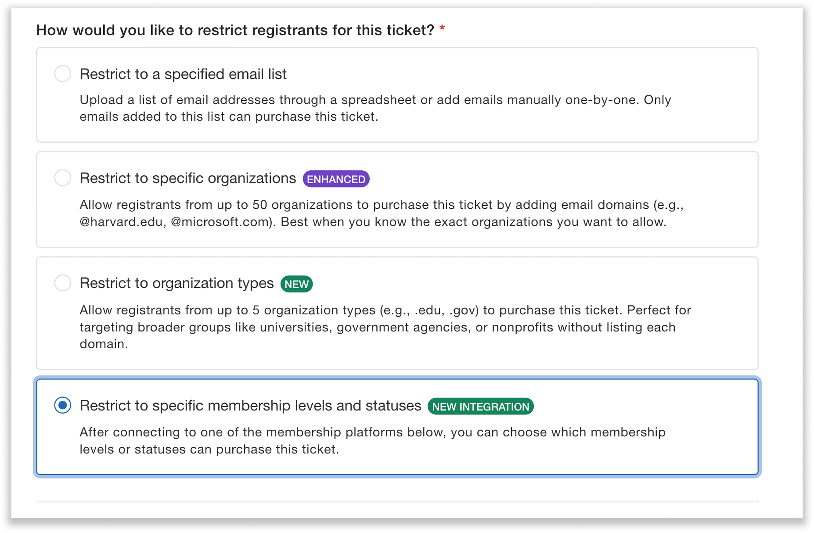 Ticket restriction selection with "Restrict to specific membership levels and statuses" chosen. 