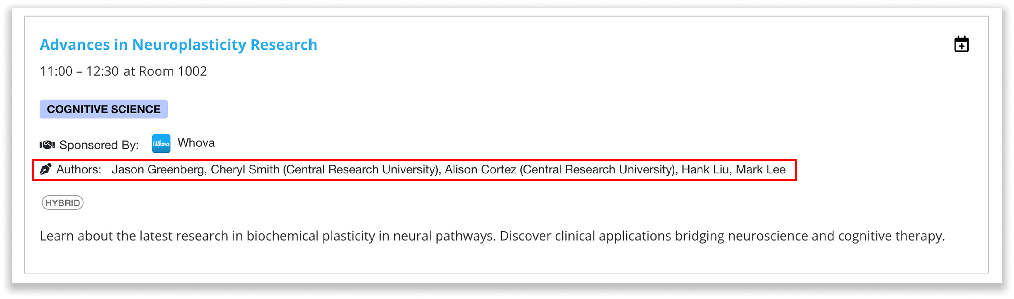 Authors displayed under a session on a Whova-generated agenda webpage.