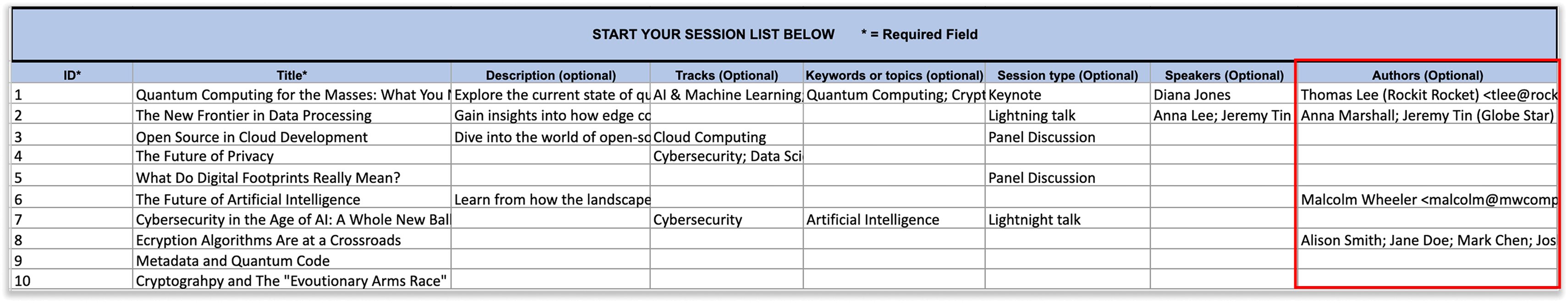 Excel template with field to list authors.