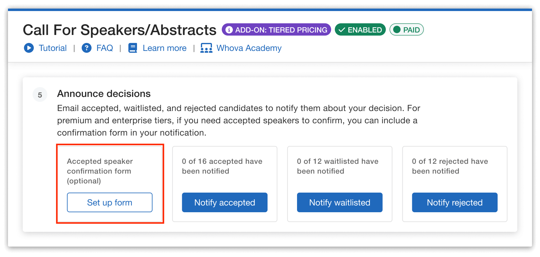 Dashboard to set up the confirmation form in the Whova Call for Speakers feature.