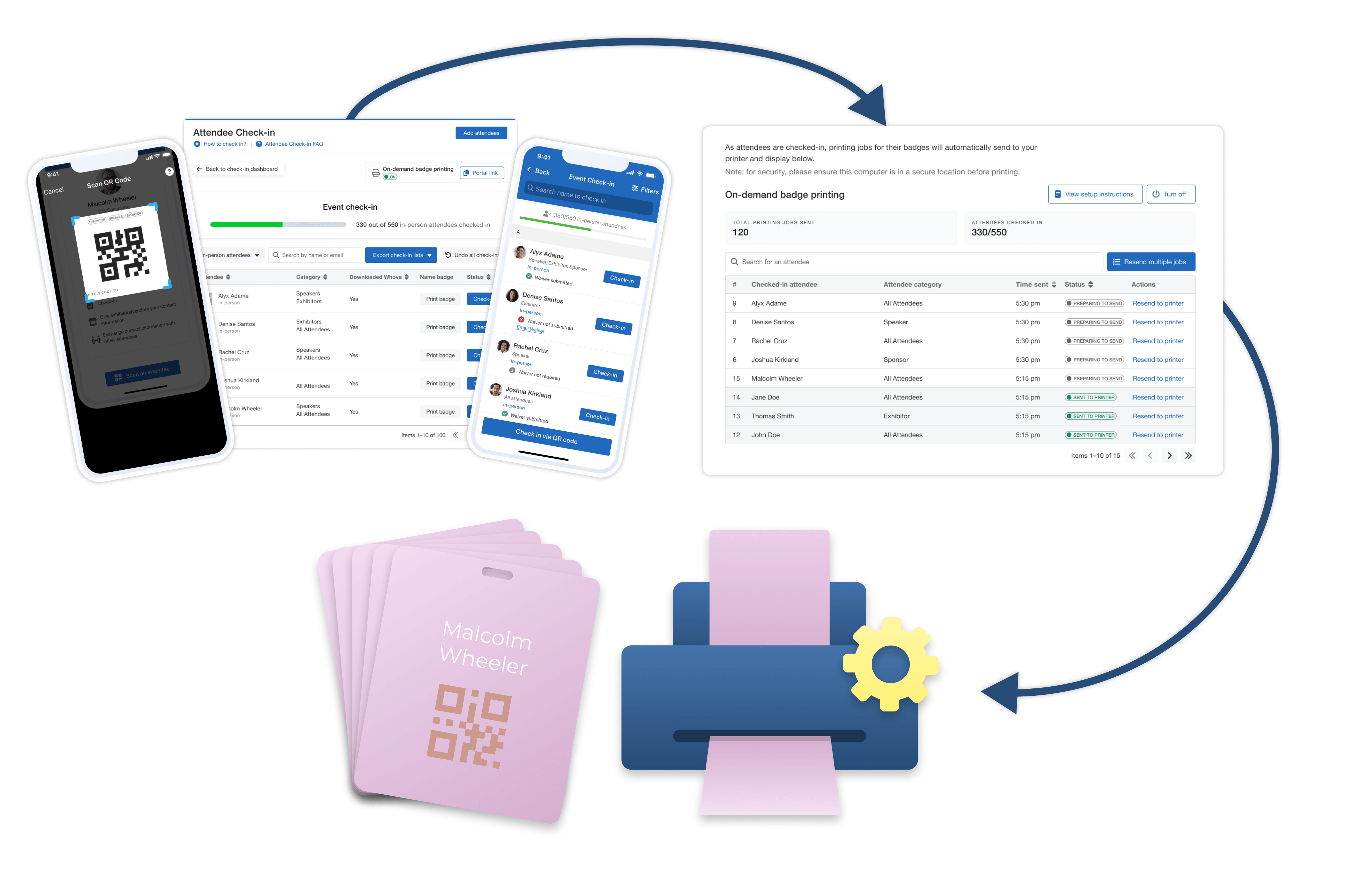 Whova's check-in on-demand badge printing