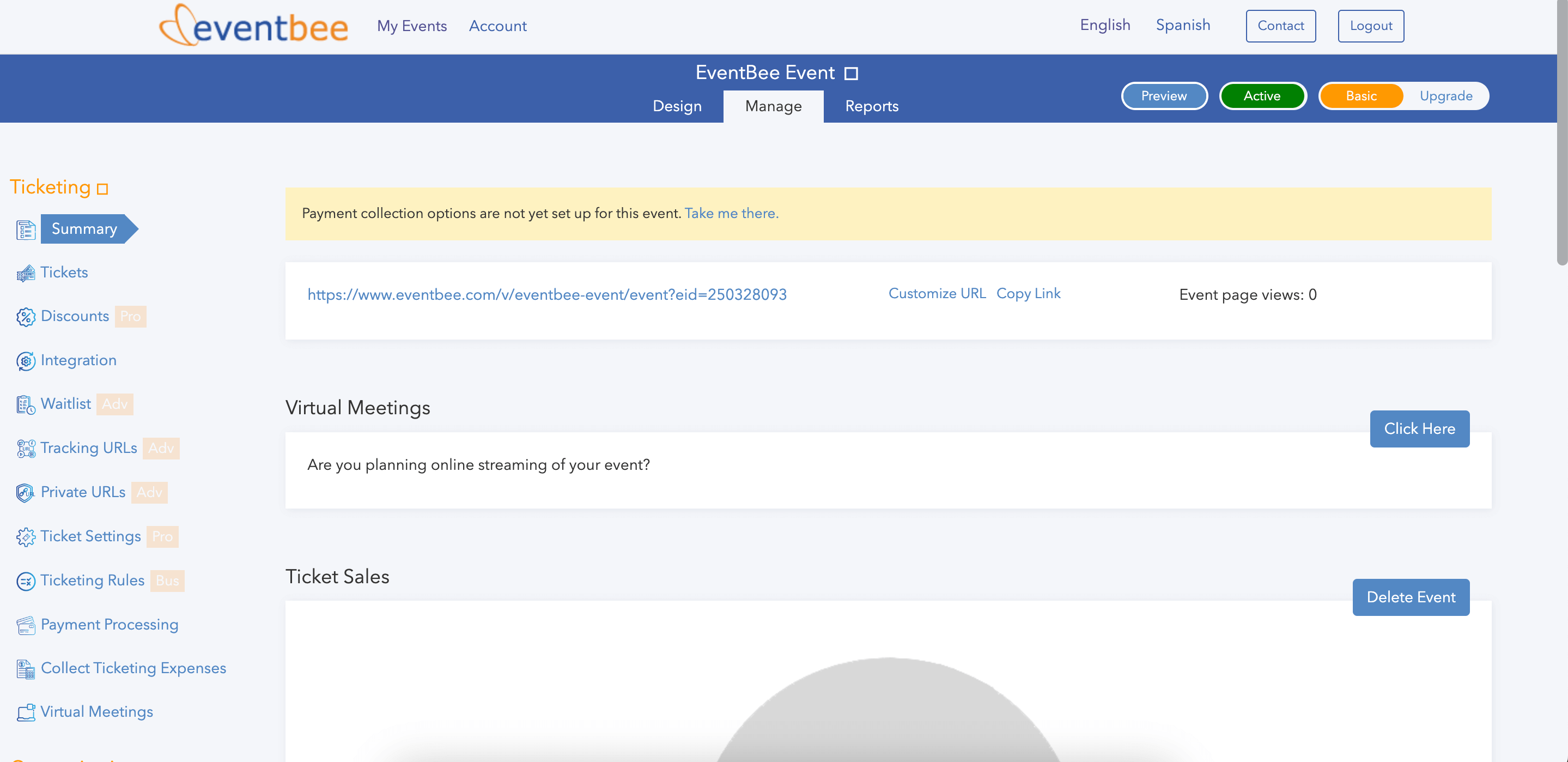 Eventbee dashboard homepage