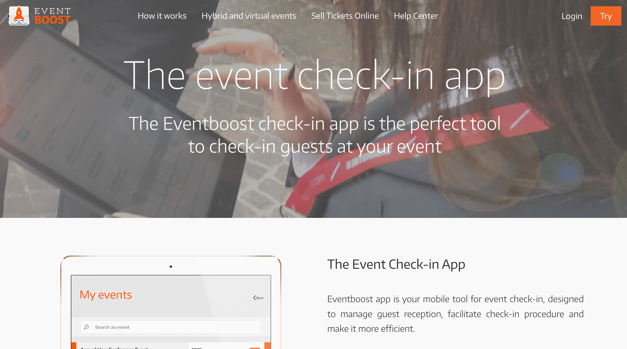 Eventboost event check-in app product webpage