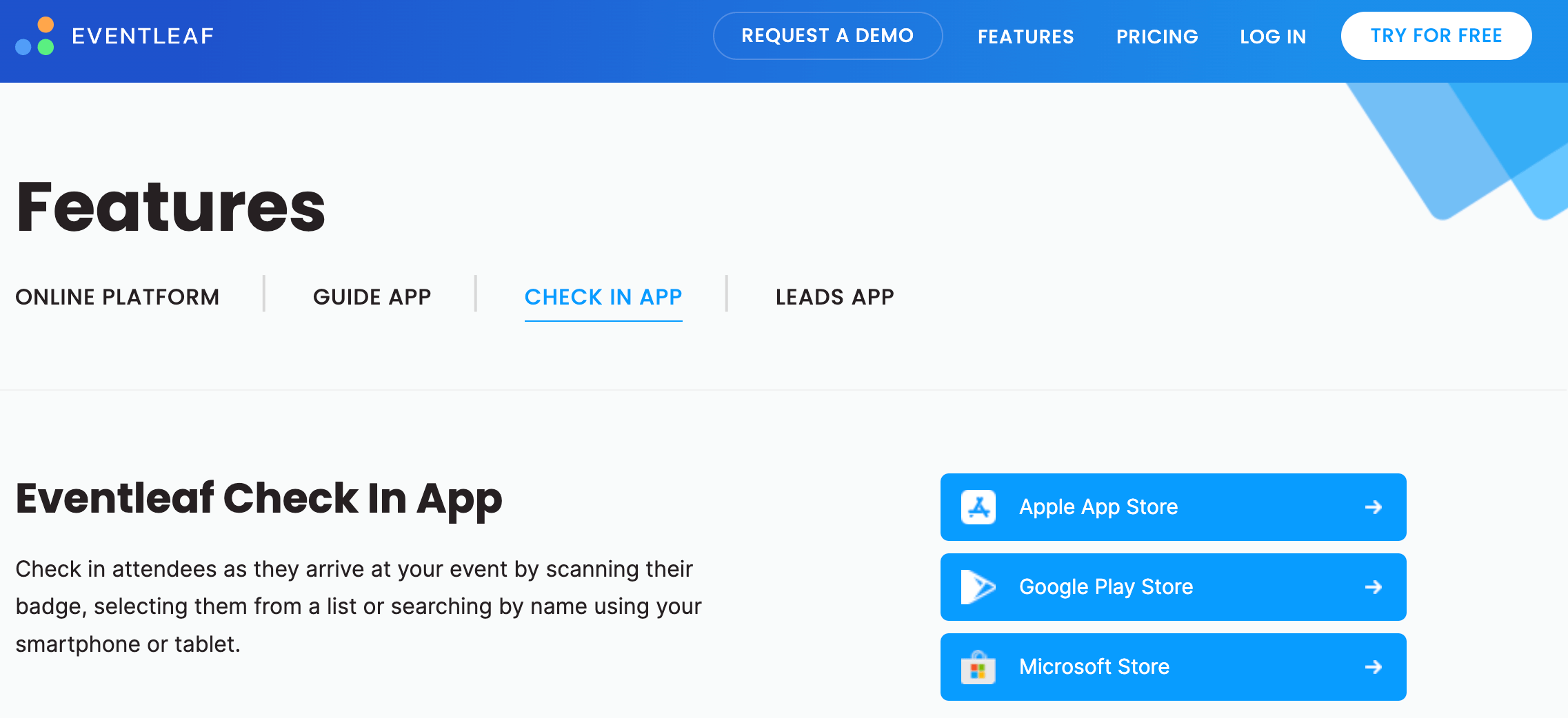 Eventleaf's event check-in app product webpage