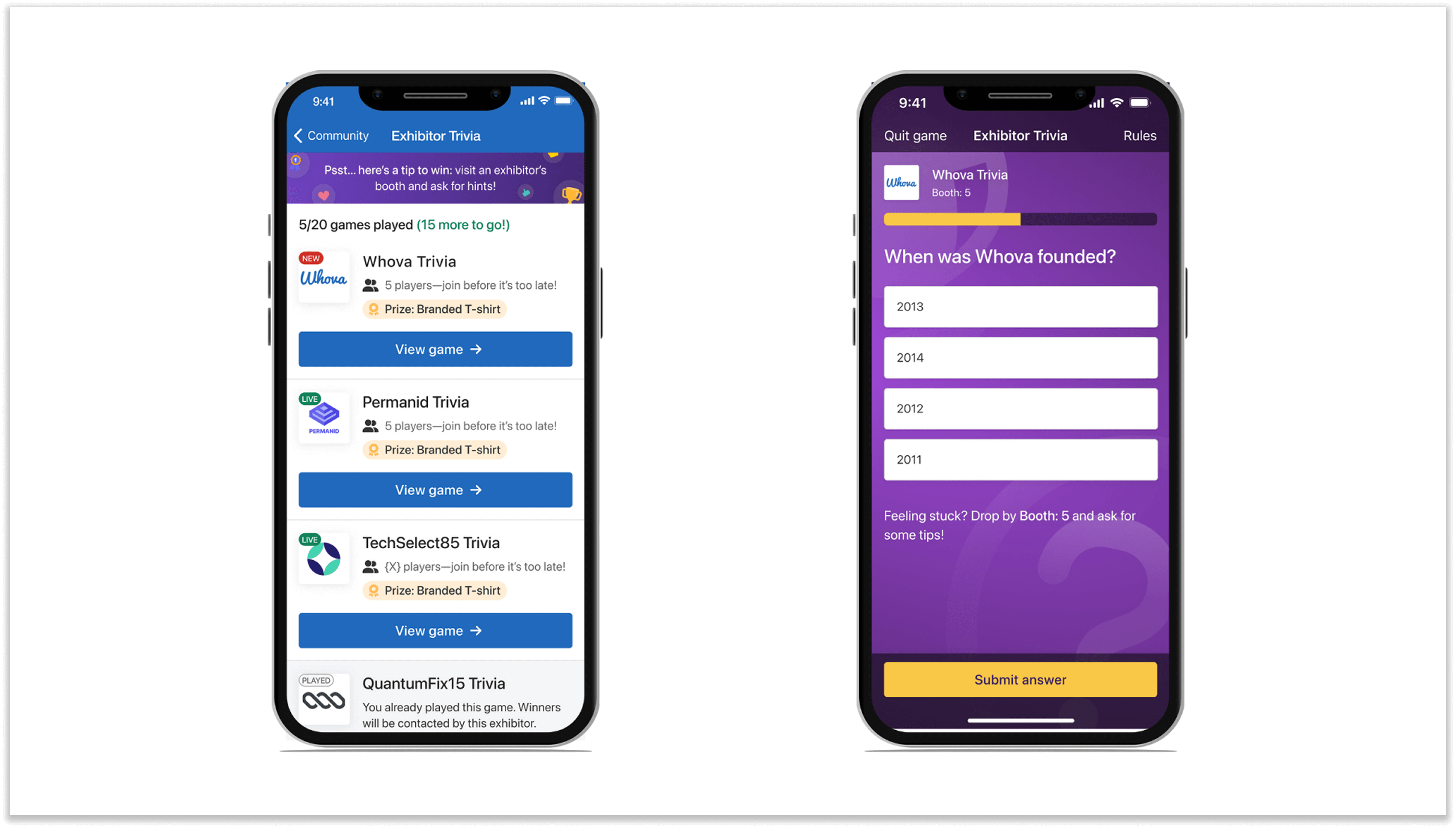 Phones showing Exhibitor Trivia games on the Whova mobile app.