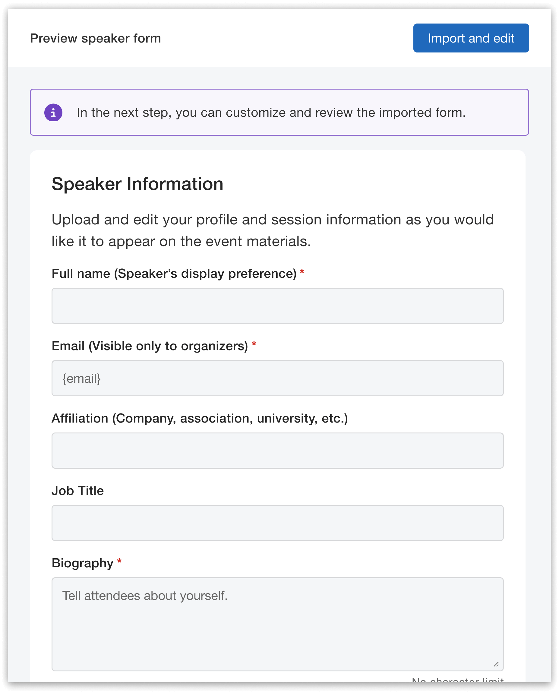 Preview of speaker form from past event.