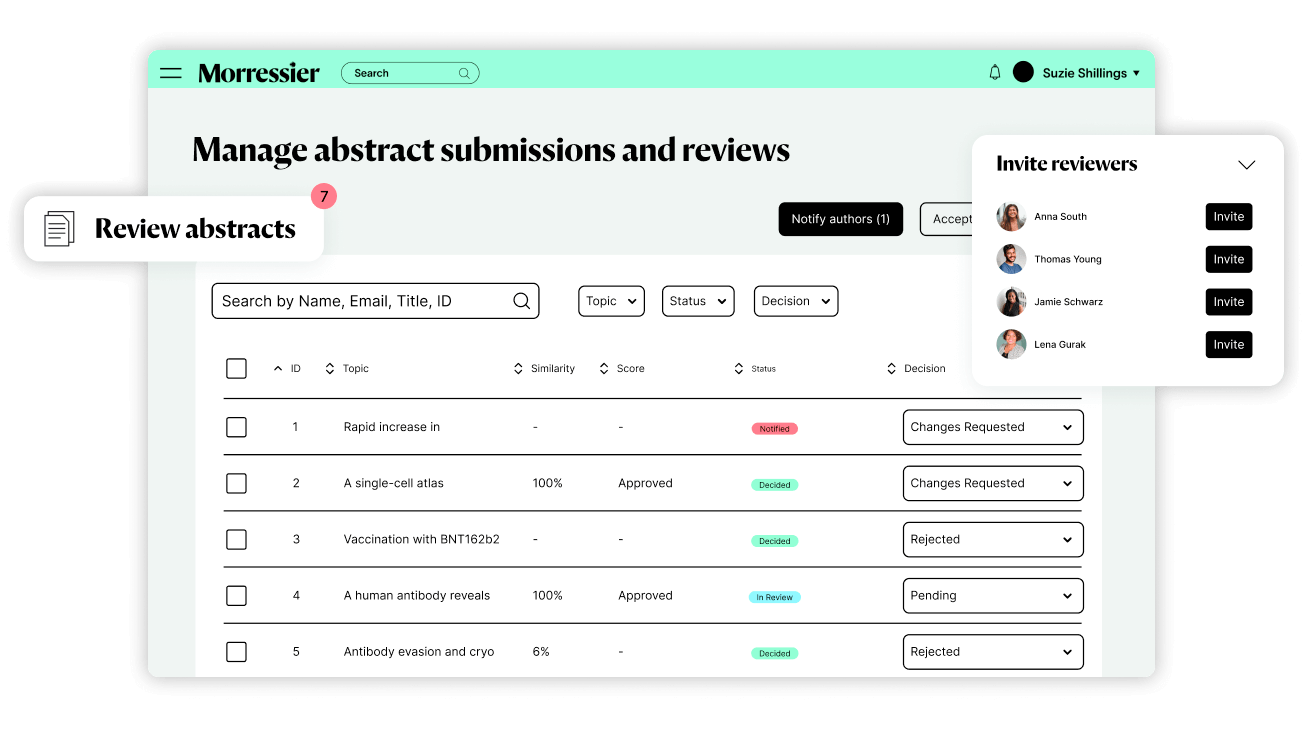 Morressier abstract submission management list with review status