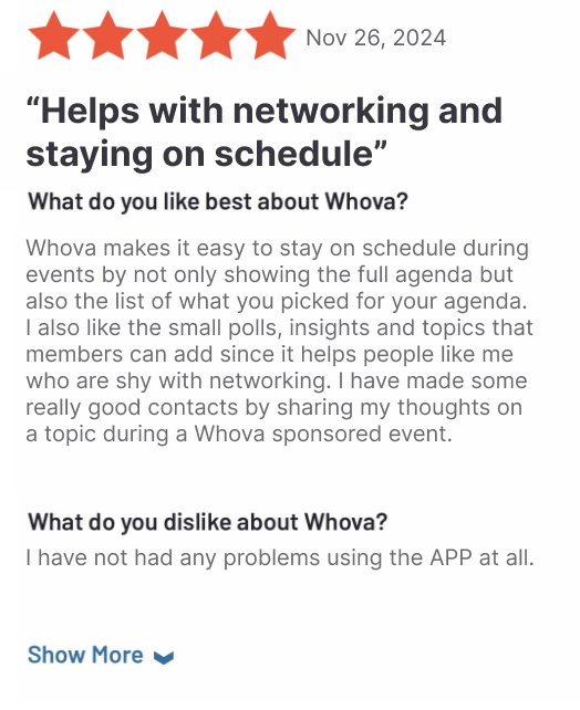 Positive review for Whova on G2
