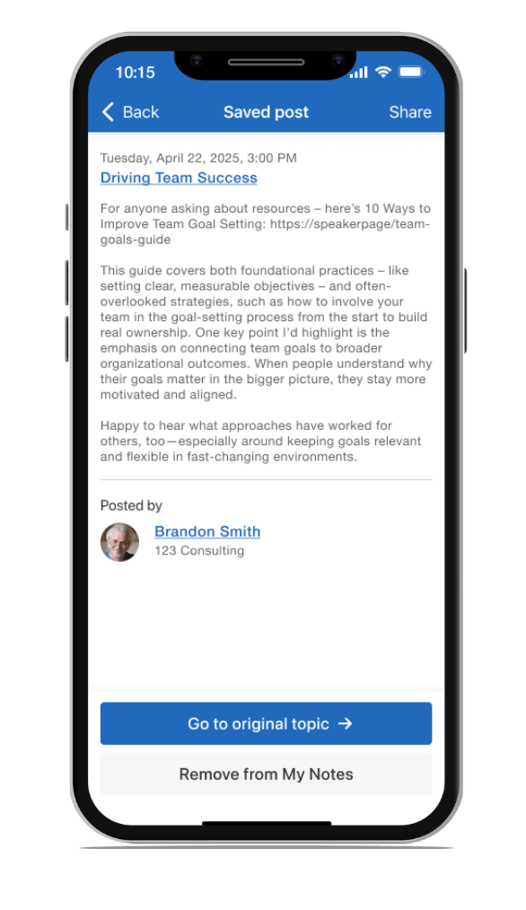 Review saved messages and access the original topic.
