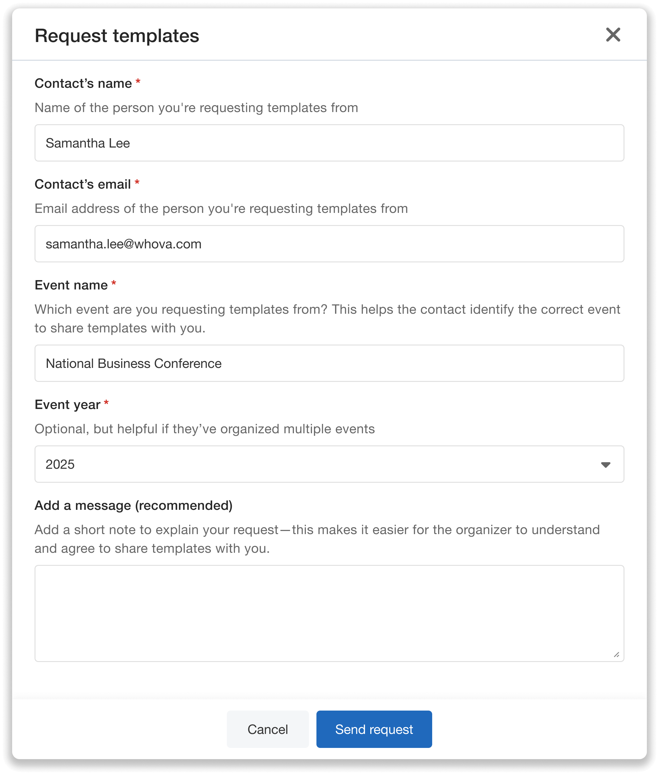 Modal with information to fill out to request templates.