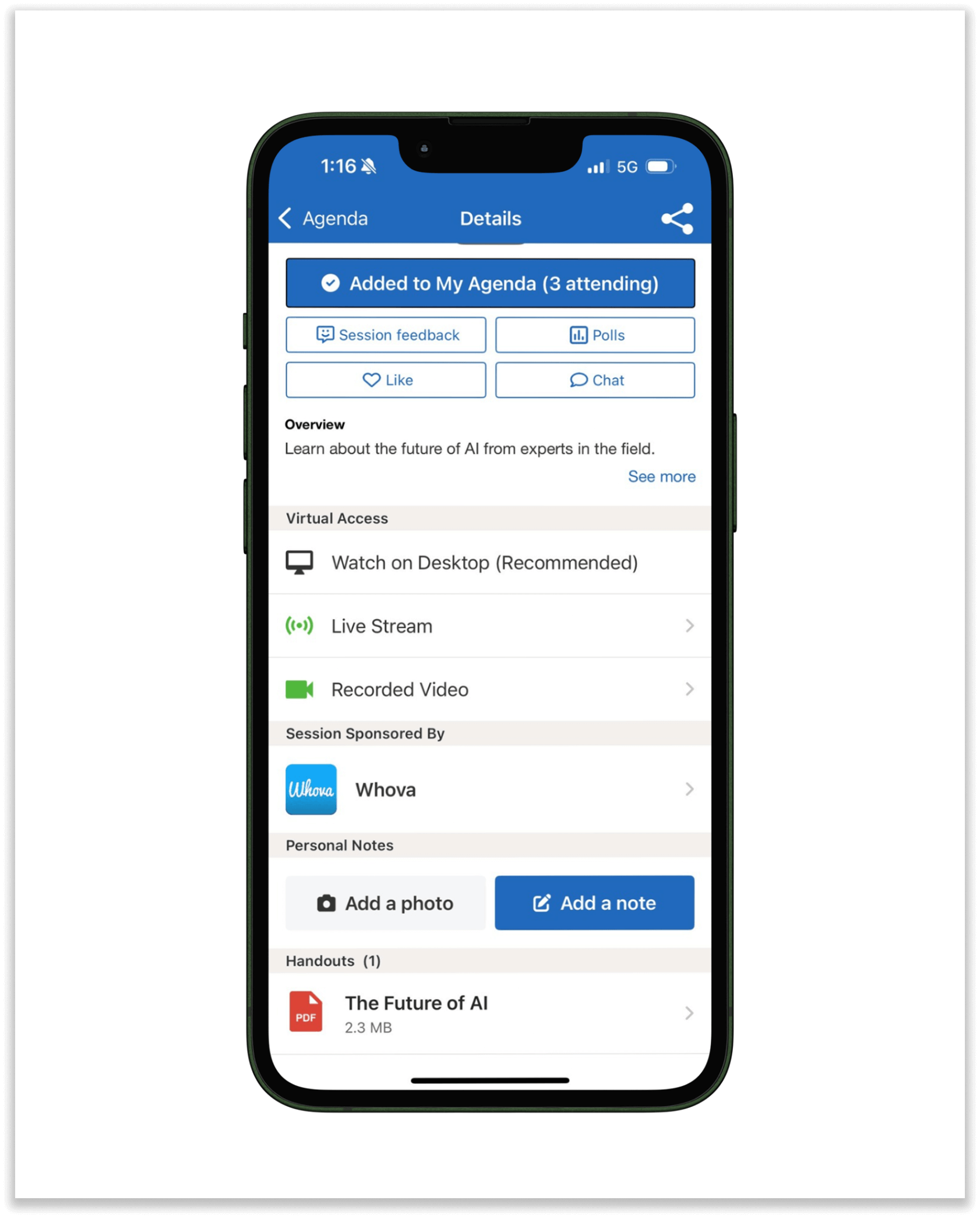 Event session in Whova app showing handout documents list