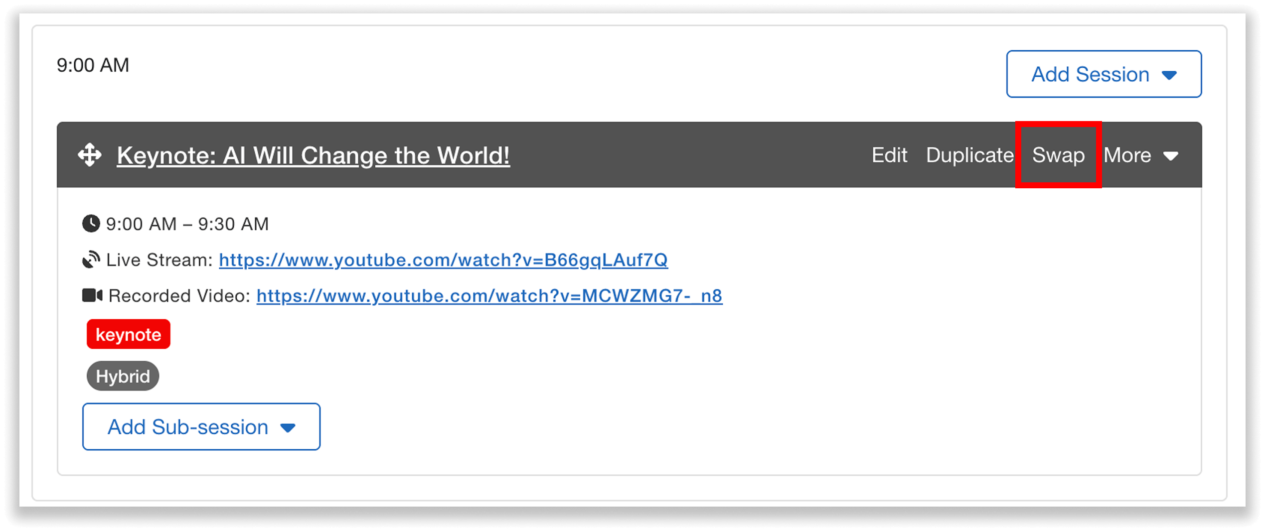 "Swap" button for a session in the agenda.
