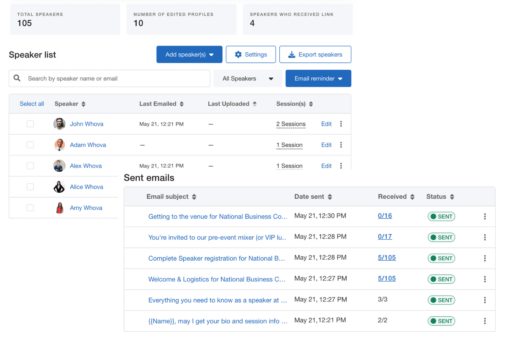 Whova's speaker center and messaging