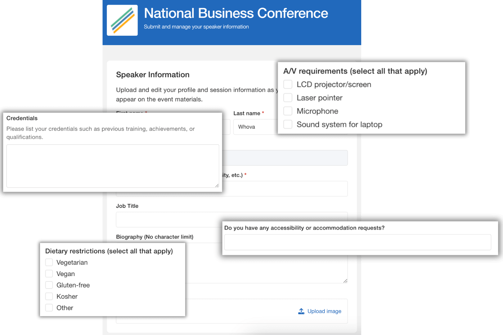 Whova's speaker form