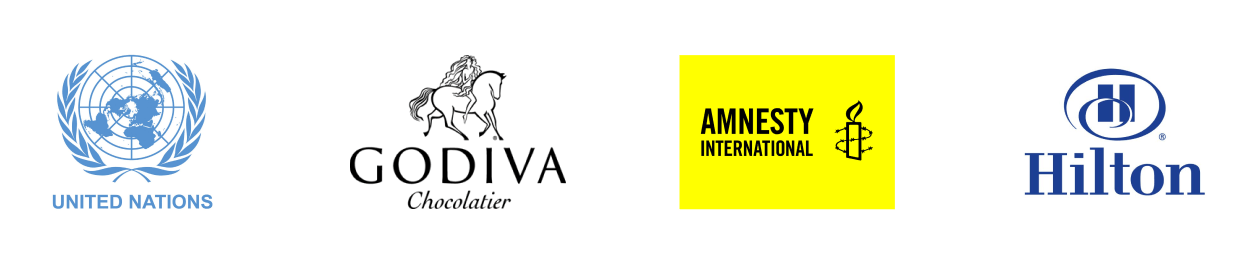 logos of UN, Godiva, Amnesty and Hilton