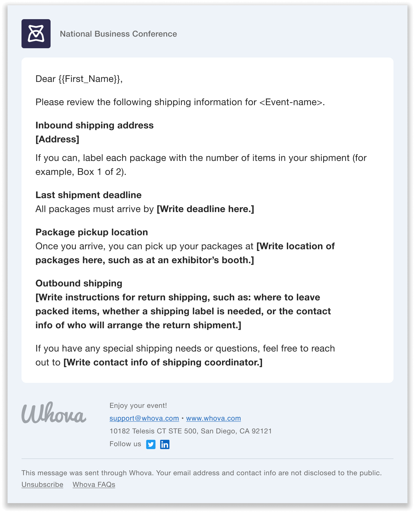 Messaging template to provide shipping instructions.