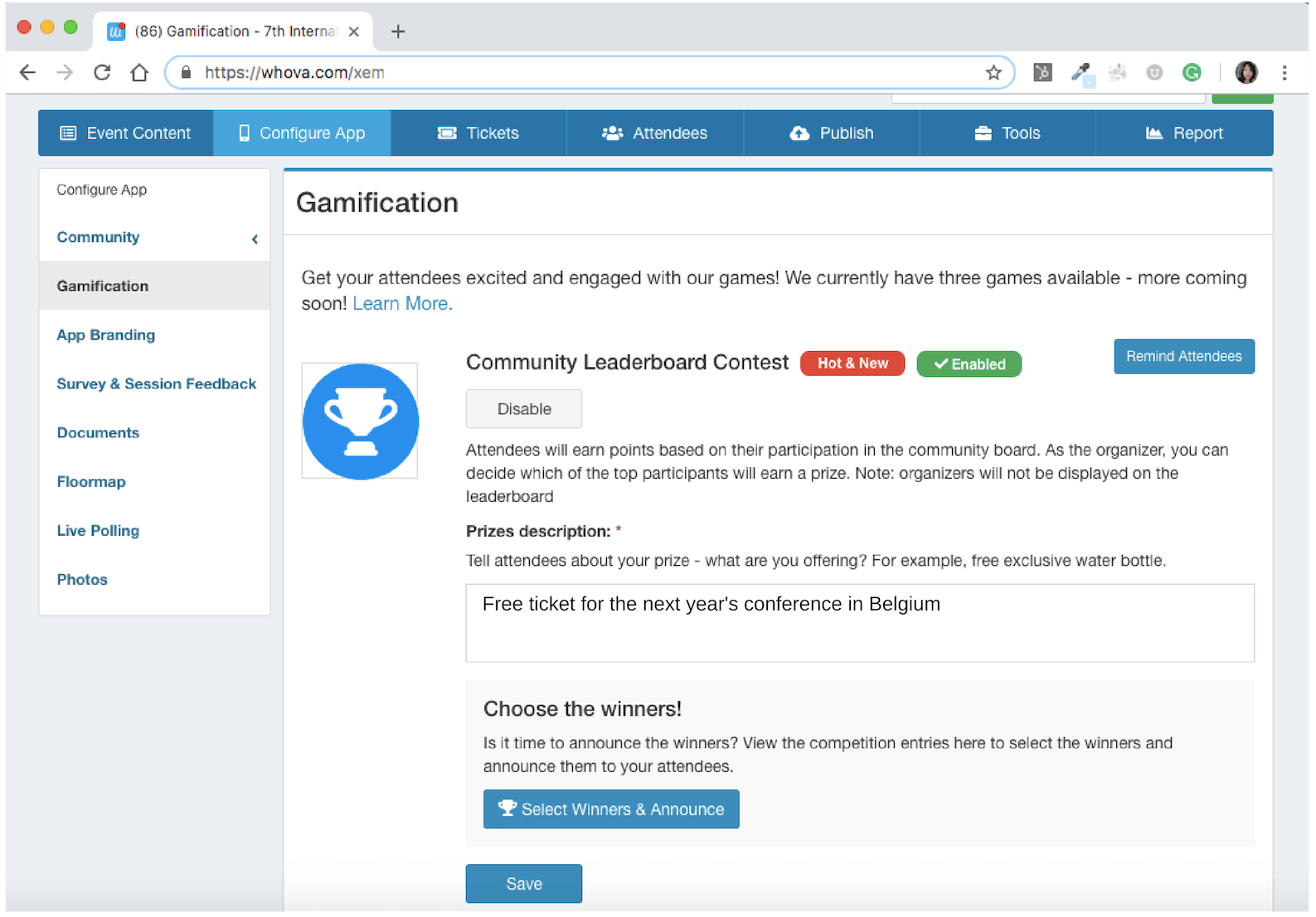 Whova dashboard for the Leaderboard