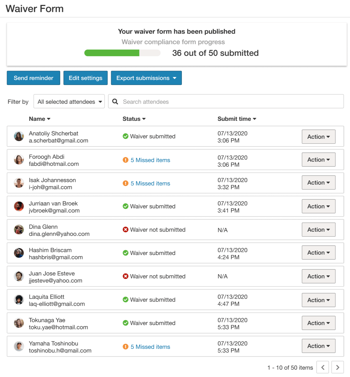 Collect waivers from attendees and easily send reminders through Whova
